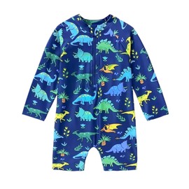 Baby Boy Swimsuit Infant Rashguard Swim Suit One Piece Long Sleeve Bathing Suits Cute Swimming Set for Boys 6-12 Month Blue Dinosaur 80