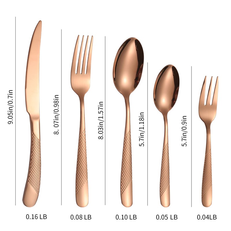 A · HOUSEWARE Hammered Flatware Set Copper/Rose Gold Silverware 20