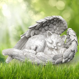 Offfay Pet Memorial Statue, Cat Memorial Gifts, Resin Pet Memorial Stone, Angel Pet Memorial Grave Marker Tribute for Pets Dog Bereavement Gifts Angel Wings Figurine to Honor Cherished Pets