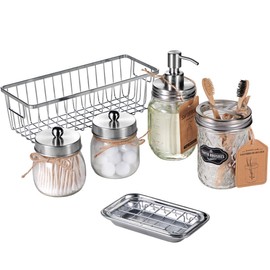 Mason Jar Bathroom Accessories Set (6PCS) - Lotion Soap Dispenser,Toothbrush Holder,2 Apothecary Jars(Qtip Holder), Soap Dish,Storage Organizer Basket - Rustic Farmhouse Decor (Brushed Nickel)