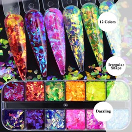 Kikonoke Iridescent Glitter Nail Sequins 12 Colors Ice Slag Chunky Glitter Flakes Holographic Irregular Mermaid Nail Glitter Transparent Laser Nail Decorations for Women Girls Nail Art Design