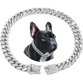 Serijoars Dog Chain Collar Diamond Cuban Link Dog Collar 13mm Wide Metal Puppy Necklace Cute Fashion Jewelry Accessories for Small Medium Large Pets Cats (Silver, 12 Inches)