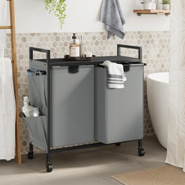 WOWLIVE Double Laundry Hamper with Lid,Rolling Laundry Basket Organizer with Wheels, Iron-Made Laundry Sorter with Top Shelf and 2 Removable Bags,Large Clothes Storage for Room,Gray