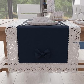 PETTI Artigiani Italiani - Table Runner, Kitchen Table Runner, Elegant Solid Colour Table Runner with Lace Frill and Bows, Cotton Runner, 40 x 140 cm, 100% Made in Italy