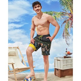 SURF CUZ 9" Mens Swim Trunks with Compression Liner Swimming Shorts 2 in 1 Stretch Quick Dry Zipper Pockets,Forest Bloom,L