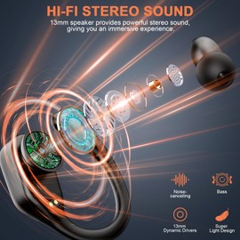 Wireless Earbuds Bluetooth 5.3 Headphones Stereo Bass, ENC Noise Cancelling Mic HD Call, Over Ear buds with Soft Earhooks for Sports, 60H Playtime LED Display, IP7 Waterproof Earphones for Android iOS