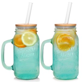 ANOTION Mason Jar with Handle - Colorful Drinking Glasses Colored Glass Cups with Lids and Straws Colored Glasses Drinking Set of 2 Mason Jars Iced Coffee Cups Tumblers Smoothie Water Bottles