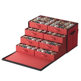 SONGMICS Large Christmas Ornament Storage Box, with Side Open, Stackable Christmas Storage Container with Lid, 8 Drawer Trays, 600D Oxford, 3-Inch 128 Slots, Cherry Red URFB038R01