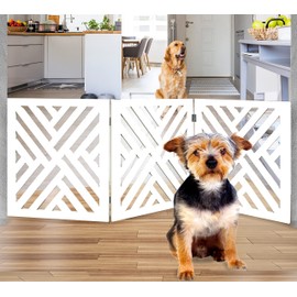 Bundaloo Freestanding Dog Gate Expandable Decorative Wooden Fence for Small to Medium Pet Dogs, Barrier for Stairs, Doorways, & Hallways