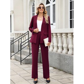 Aotasely Women's 2 Piece Suits Business Casual Outfits Straight Wide Leg Pants Suits Professional Office Work Outfits Wine Red