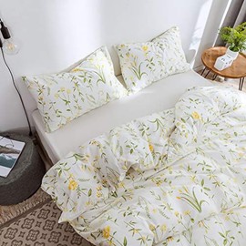 Tabeskly Yellow Green Floral flower Soft Zipper Bed Bedding Duvet Cover Set Double White 200×200cm