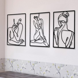 CHENGU 3 Pieces Metal Minimalist Abstract Woman Wall Art Line Drawing Wall Art Decor Single Line Female Home Hanging Wall Art Decor for Kitchen Bathroom Living Room