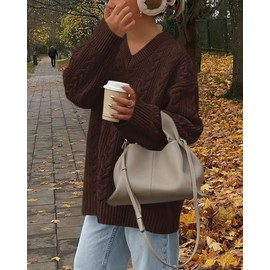 Okiwam Women's Oversized Sweaters Fall 2025 Long Sleeve V Neck Cable Knit Pullover Tops Chunky Trendy Outfits-M Brown