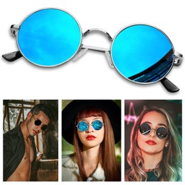 KANASTAL Men Women Round Sunglasses Small Circle Glasses Blue Mirrored Lens Metal Retro Vintage Sunglasses Trendy UV400 Protection