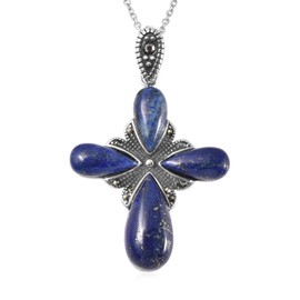 Shop LC Lapis Lazuli Cross Pendant Necklace - Blue Lapis & Marcasite Cross Necklace For Women in Black Oxidized Stainless Steel - 20" Necklace Length Costume Jewelry for Women Catholic Faith