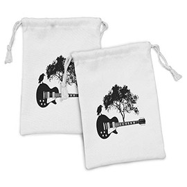 Ambesonne Guitar Fabric Pouch Set of 2, Composition of a Bird on a Musical Instrument with a Tree on the Back, Small Drawstring Bag for Toiletries Masks and Favors, 9" x 6", Charcoal Grey and White