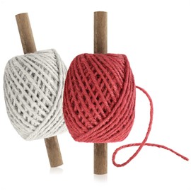 com-four® 2 x Craft Cord on Wooden Roll - High-Quality Set Gift Cord for Crafts and Packaging - Jute Cord for Decorating - 30 m per Roll (02 Pieces - White + Red)