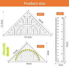APOMOONS Set Square with Handle Set Square and 1 Ruler 15 cm Transparent Geometry Set with Non-Slip & Lightweight Ideal for School, Students, Mathematics Lessons and Drawing
