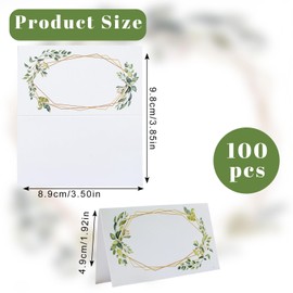 URROMA Seat Folding Card, 100Pcs Green Leaf Gold Frame Seating Place Cards Blank Table Tent Cards for Wedding Banquets Dinner Parties Table Decor
