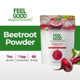 Feelgood Superfoods Fortified Organic Beetroot Powder - Nitric Oxide Booster for Cooking and Smoothies - Pure Beets with 10:1 Beet Root Extract - Supports Cardiovascular and Circulatory Health - 7 oz