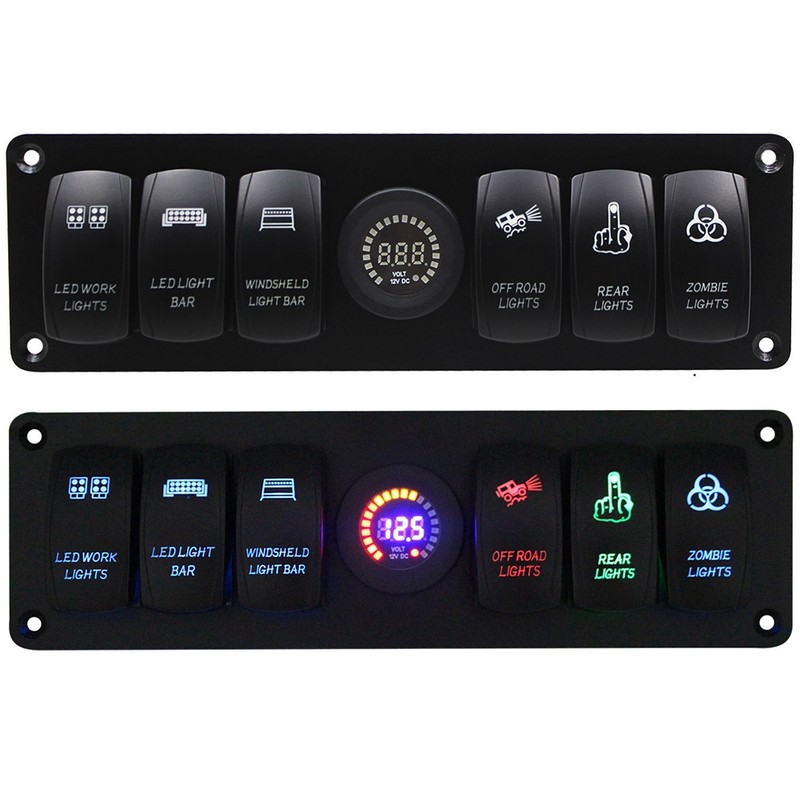 6 Gang Toggle Rocker Switch Panel Colorful LED Voltmeter for