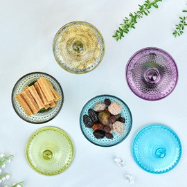 Sungmor 4pcs Vintage Embossed Glass Candy Storage Jars w/Lid, Decorative Colorful Crystal Candy Dishes Purple Cookie Container, Pretty Covered Bowls for Chocolate Dessert Icecream Buffet