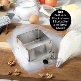 Moritz & Moritz Rectangular Baking Frame Adjustable 9 cm to 15 cm - Stainless Steel Baking Mould Square with Baking Accessories - 10 Piping Bags and 3 Attachments