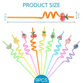 Pack of 9 Children's Reusable Straws, Plastic, Novelty Curly Straws, Party Straws, Colourful Fruit Straws for Birthday, Christmas, Decorations, Party Accessories