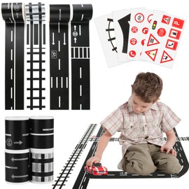 FAMCUCHE 8 Roll DIY Traffic Road Tape for Toy Cars with 2 Sheets Road Signs and 2 Curves, Removable Tape Stickers