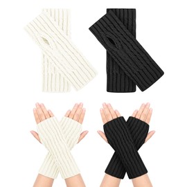 MELLIEX 2 Pairs of Fingerless Gloves, Warm Pulse Warmer with Thumb Hole, Knitted Hand Warmers, Winter, Unisex, Black + white