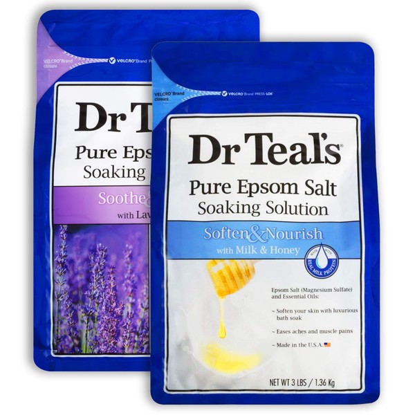 Dr. Teal's Epsom Salt Bath Variety Gift Set (2 Pack, 3lbs Ea.) - Soothe & Sleep with Lavender, Soften & Nourish with Milk & Honey - Essential Oils Moisturize Skin & Ease Aches & Pains
