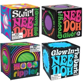 Nee Doh Teenies Ripples, Glow in The Dark, Swirl, and Original...Groovy Globs! Squishy, Squeezy, Popping, Stretchy Stress Fidget Balls Gift Set Party Bundle - 4 Pack (Asstorted Colors)