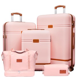 Krute Luggage Sets 5 Pieces Suitcase Set Hard Shell Carry On Luggage with Spinner Wheels TSA Approved Durable PC+ABS Suit Case (Pink)