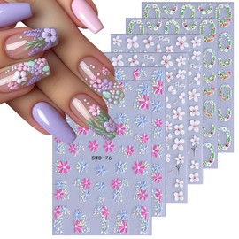 6 Sheets Flower Nail Art Stickers Rose Daisy Nails Art Decals 3D Self-Adhesive Nails Sticker Holographic Stereo Blossom Decal Decoration for Women Wreath Manicure Stickers DIY Nail Supplies