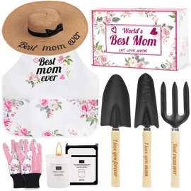 LANNIU Gifts for Mom,7 Piece Womens Gardening Kit with Pink Gardening Tools,Straw Hat, Floral Gardening Apron and Gloves,Mothers Day Garden Gifts Pink