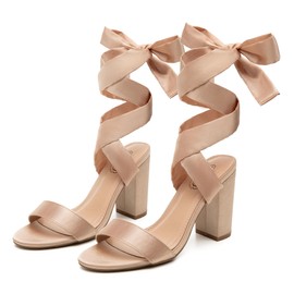 Trary Gold Heels - Rose Gold, Strappy, Chunky, High, Block, Lace Up, Bow Heels for Women