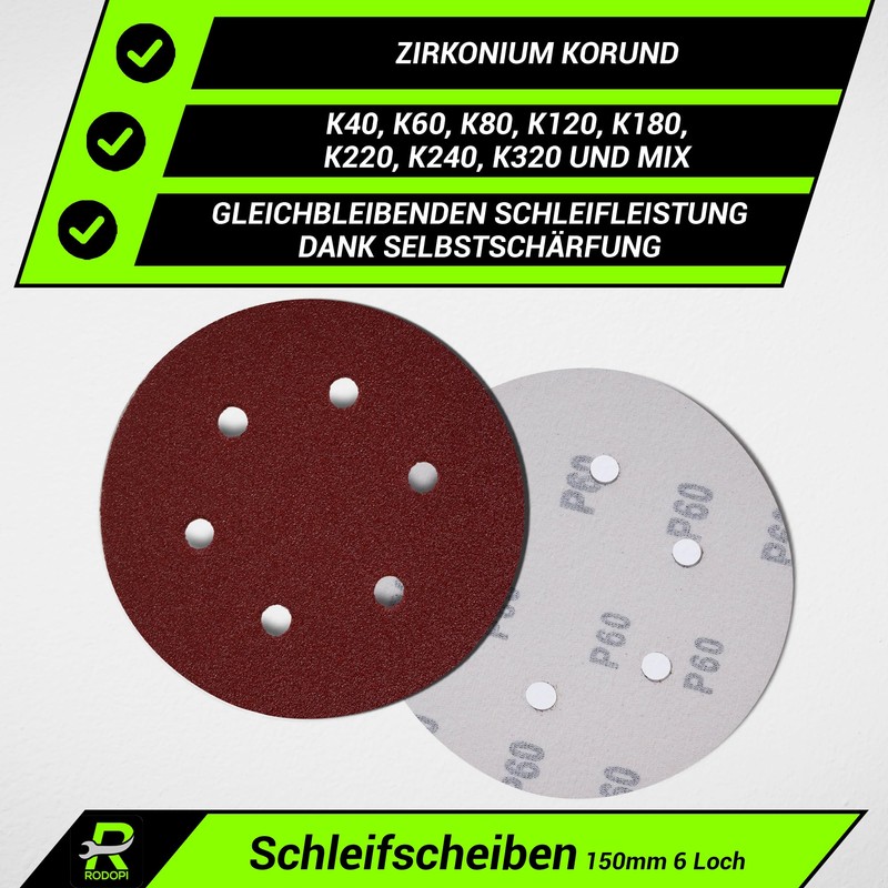 RODOPI RedDevil Sandpaper 150 mm Velcro Sanding Discs Grit 40-320
