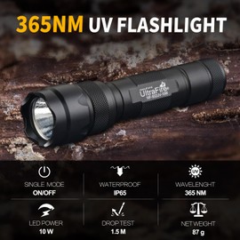 ULTRAFIRE UV Flashlight 365 nm LED Blacklight, 10W Single Mode Powerful UV Light for Pet Dry Urine Stains, Curing Resins, Scorpions Hunting, Fluorescence Detection