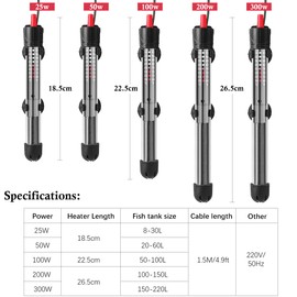 HITOP HP-608 Submersible Aquarium Heater 100W 200W 300W With Thermometer and Extra Sucker Cup (100W)