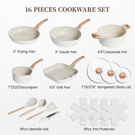 Kikcoin 16Pcs Pots and Pans Set Nonstick Ceramic Cookware Sets Induction Kitchen Cooking Set Non toxic Healthy Non Stick w/Grill Pan,Saute Pan, Ceramic White
