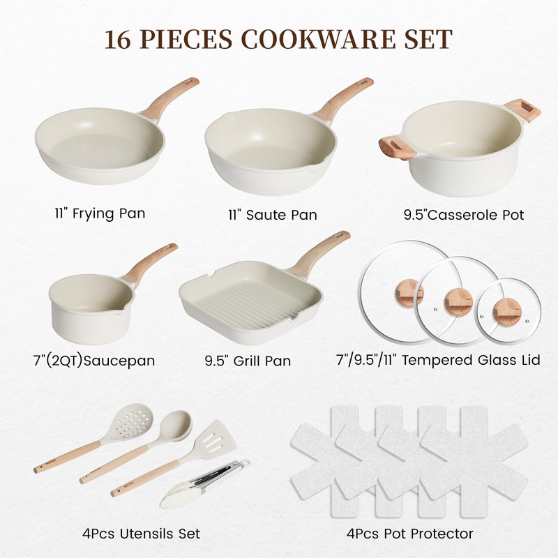 Kikcoin 16Pcs Pots and Pans Set Nonstick Ceramic Cookware Sets