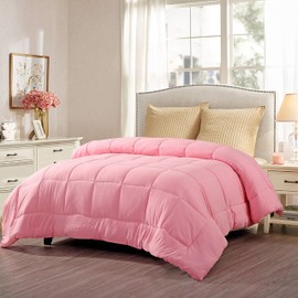 Evolive All Season Pre Washed Soft Microfiber White Goose Down Alternative Comforter with Box Stitching (Pink, Full/Queen)