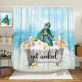 VeiVian Funny Get Naked Shower Curtain Sea Turtle and Yellow Duck in Bubble Bathtub Shower Curtain for Bathroom, Fabric Watercolor Navy Blue Bathtub Curtains Nautical Beach Theme Modern Art， 70X70IN