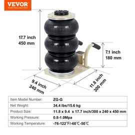 VEVOR Air Jack with Adjustable Handle, Max 5 Ton/11000 lbs Triple Bag Air Jack, Airbag Jack with Six Steel Pipes, Lift up to 18.5 inch/470 mm, 3-5 s Fast Lifting Pneumatic Jack for Car, Garage, Repair:_3T - Short Handle -White