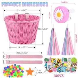 Bicycle Basket Children's Front Bicycle Basket Girls Front Bicycle Basket with PU Straps, Stickers, Bicycle Tassels and Bicycle Bell, Bicycle Accessories Children, Children's Bicycle Accessories Girls