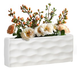 Torre & Tagus 12-Inch Wide Wavy Long Rectangular Vase for Flowers, White Rectangle Vase Succulent Holder & Slim Decorative Pot for Narrow Shelves, Rectangle Flower Vases for Home Or Wedding (Ripple)