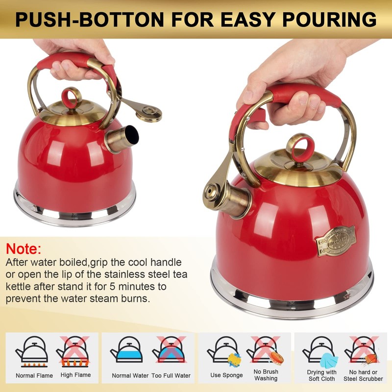 Tea Kettle, Stovetop Whistling Teapot, Stainless Steel, Red, 3.0-Quart