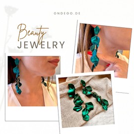 ONDEGO® XXL Grün GOLD Blüten Blume lange Ohrringe Ohrstecker Statemant Ohrstecker Creolen Statement-Ohrhänger, türkisfarbenes Blütenblatt-Design, goldenes Kettenglied, lange Tropfen