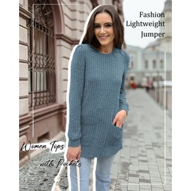 Aokosor Long Sleeve Tops Women Lightweight Jumpers Ladies Sweatshirts with Pockets Blue Size 14-16