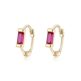 BriLove 925 Sterling Silver Small Dainty Birthstone Hoop Earrings for Women Piercing Small Hoops, Emerald Cut Crystal Huggie Hoop Dangle Earring for Birthday Everyday Wear Hot Pink Gold-Tone